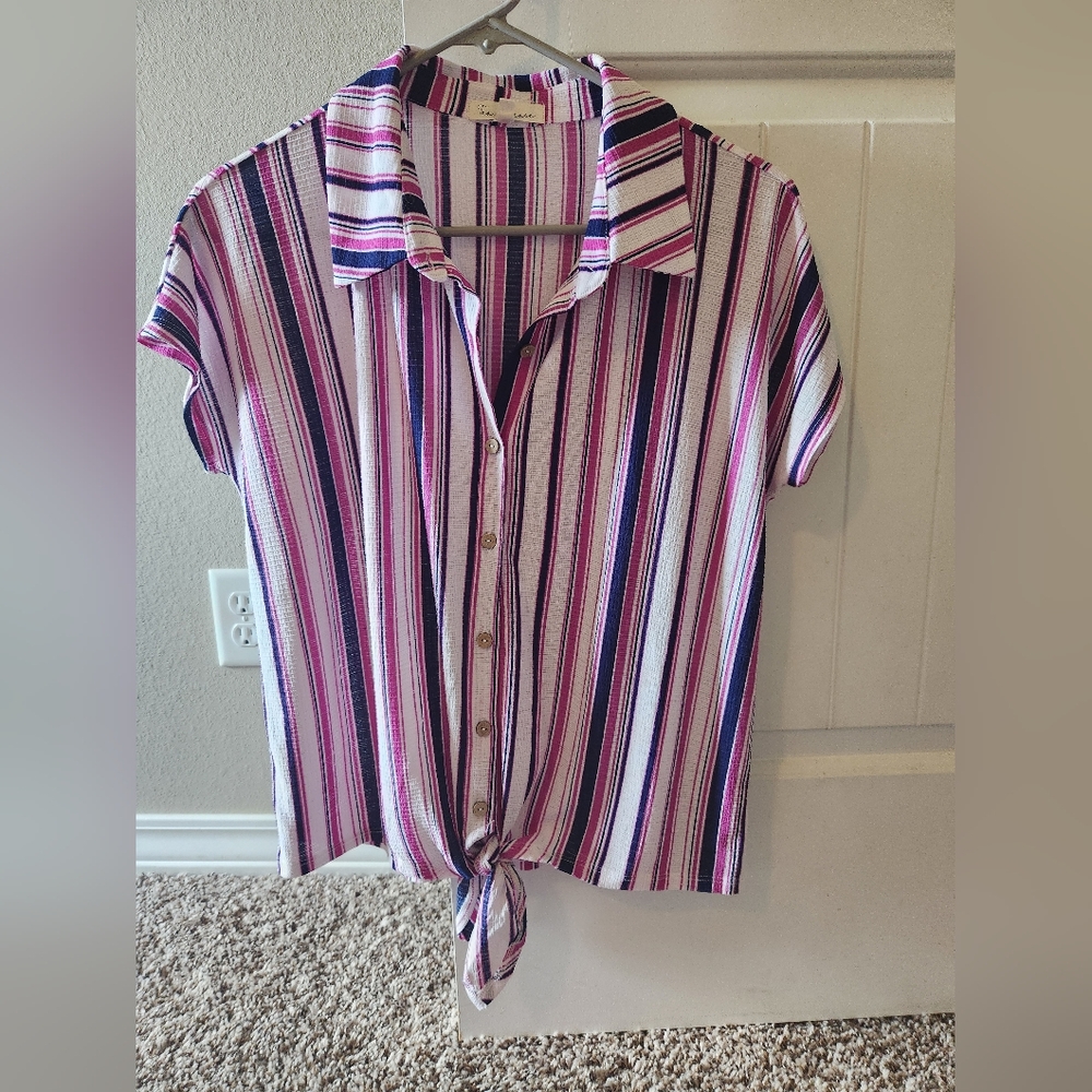 Striped Button-Up Tie-Front Shirt